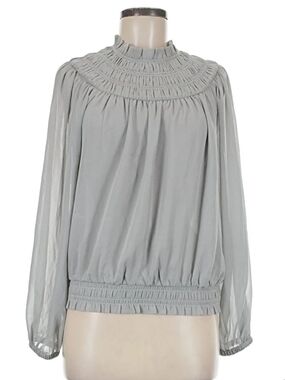 Ann Taylor Gray Smocked Yoke Long Sleeve Blouse